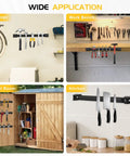 Collage showing 12 Inch Magnetic Tool Holder Strip Set of 5 for garage, work bench, tool room, and kitchen organization.