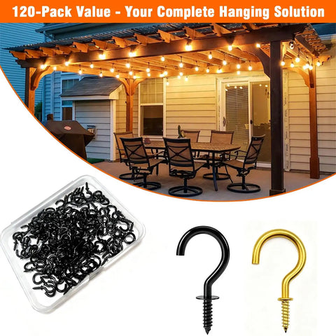 120-pack of black and gold Half Inch Small Screw Hooks Set 120 Pcs Rust Resistant Coated Steel Mini Twist In Hooks for indoor outdoor use