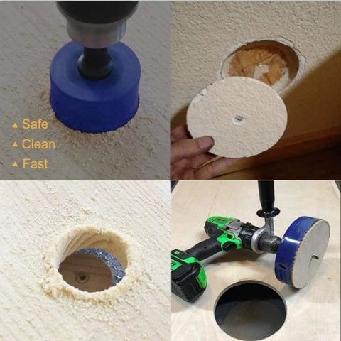 6.3 Inch Hole Saw Kit With Hex Shank Drill Bit Adapter Bi Metal HSS Cutter in use on wood and drywall with drill