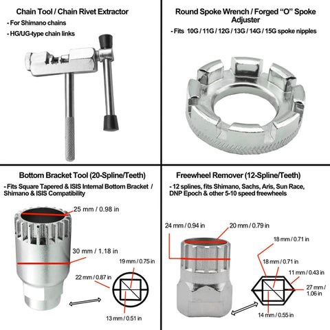 42 Piece Bike Repair Kit tools including chain rivet extractor, spoke wrench, bottom bracket tool, and freewheel remover