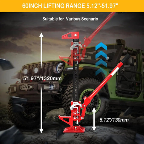 Heavy Duty Off Road Farm Jack 60 Inch 6600 Lbs All Fit Tall Utility Jack in use next to green SUV showing lifting range.
