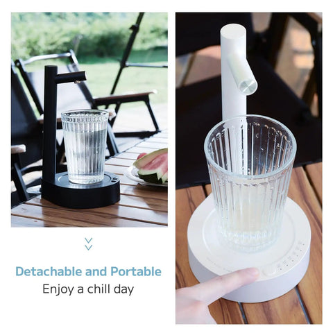 Desktop Water Dispenser For 5 Gallon Bottles Portable Small Electric Water Pump For Home Office Camping Outdoor White Rechargeable Countertop Easy To Use No Dripping Ideal For Kitchen Dorm RV Office Desk Or Outdoor Trips Fits Various Bottle Sizes in use with a glass outdoors