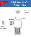 Diagram showing 40 Micron Brass Inline Washing Machine Water Filter with 3/4-inch adapters, reusable sediment filter, anti scale hose pre filter.