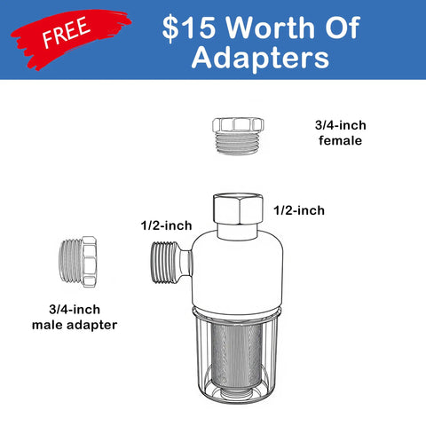 Diagram showing 40 Micron Brass Inline Washing Machine Water Filter with 3/4-inch adapters, reusable sediment filter, anti scale hose pre filter.