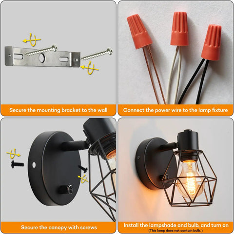 Installation steps for Black Industrial Wall Sconce With Dimmer And On Off Switch, showing bracket, wiring, and mounted light.