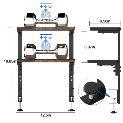 Expandable Under Desk Storage 2 Tier Shelf Clamp On Desk Organizer For Office Study Room And Game Room Wood Construction Space Saver Lets You Maximize Workspace Keep Essentials Handy And Tidy Up Clutter with dimensions and weight details