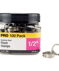 Jar with Half Inch Stainless Steel PEX Barb Pinch Clamps 100 Count Pro Pack next to two steel clamps