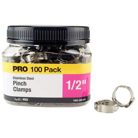 Jar with Half Inch Stainless Steel PEX Barb Pinch Clamps 100 Count Pro Pack next to two steel clamps