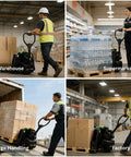 Raelon F4 Electric Pallet Jack With 3300 Lb Capacity and Quick Swap Lithium Battery for Warehouse Forklift Jobs in action moving boxes.