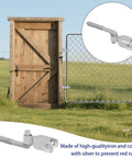 Front view of wooden gate with four-piece galvanized farm gate hinge kit; inset shows 5/8 inch pin hinge.