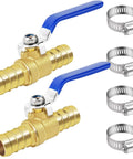 Two brass 5/8 in hose barb ball valves with blue levers and stainless clamps