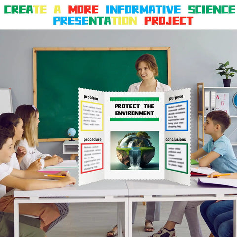 Classroom with students using Back To School Science Fair Board Supplies Kit With 100 Pcs Essentials, 80 Scalloped Bulletin Borders, And 20 Printable Adhesive Project Papers