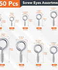 Heavy Duty Eye Hook Screws 0.75 To 1.75 Inches 250 Pcs Nickel Plated Screw Eyes Assortment with sizes and quantities