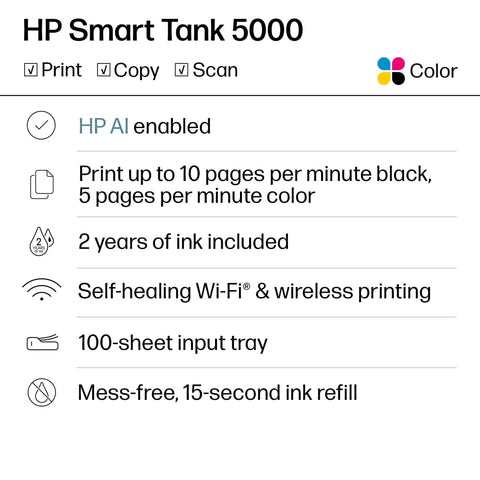Smart Tank 5000 Wireless All In One Ink Tank Printer With Scanner And Copier, Two Years Of Ink Included, Cartridge Free Refill System
