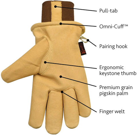 Heavy Duty Lined Work Gloves From Premium Grain Pigskin Leather With Suede Panels For Cold Weather Jobs, showing palm details.
