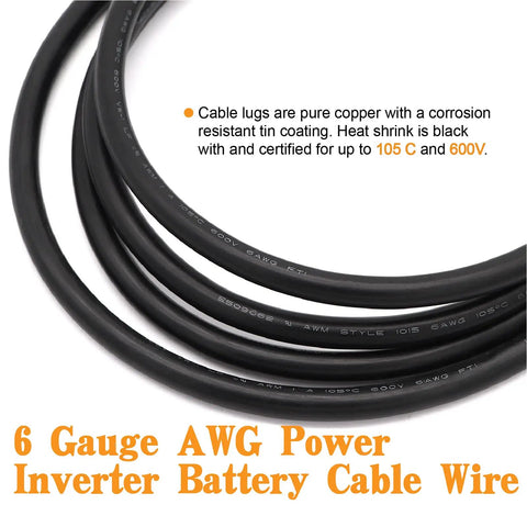 6 AWG Tinned Copper Battery Wire Kit With 13.1 Ft Red And Black Power Cables UL1015 CSA Approved Includes Two 6.5 Ft Cables, Six Three-Eighths Inch Lugs, Six Five-Sixteenths Inch Lugs, Heat Shrink Tubing, OFC Welding Cable For Inverters And Boats, black cable coil