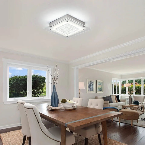 26 Inch LED Crystal Flush Mount Ceiling Light Fixture in dining room, showing dimmable 4000K rectangle crystal panels, bright modern lighting
