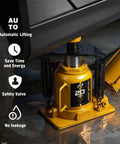 Front view of yellow 20-ton bottle jack with aluminum alloy pump under a vehicle