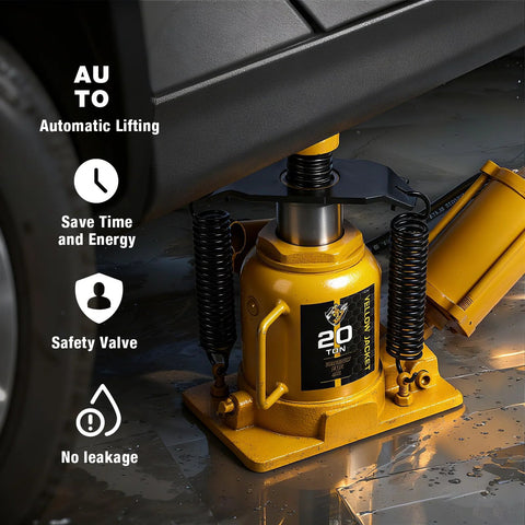 Front view of yellow 20-ton bottle jack with aluminum alloy pump under a vehicle