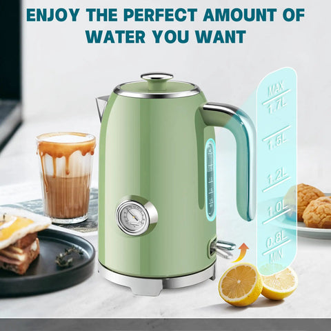 57oz Electric Kettle For Quick Tea Brew, 1500W Fast Heating, Stainless Steel, Cordless With LED Indicator, Retro Green in kitchen
