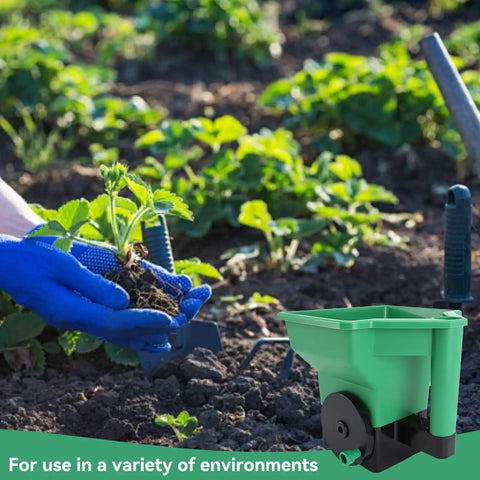 3L Handheld Lawn And Garden Spreader for Easy Seeding in a garden bed with plants and gardening tools