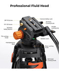 80 Inch Aluminum Fluid Head Video Tripod With Quick Release Plate featuring detailed labels on professional fluid head components.