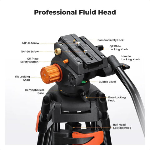 80 Inch Aluminum Fluid Head Video Tripod With Quick Release Plate featuring detailed labels on professional fluid head components.
