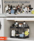 Heavy Duty Sliding Under Sink Organizers 2 Pack Black Pull Out Cabinet Drawers organizing bathroom products on shelves.