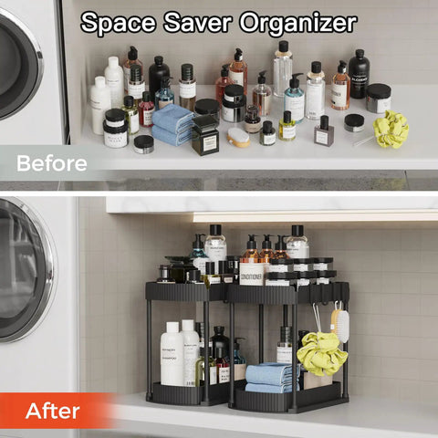 Heavy Duty Sliding Under Sink Organizers 2 Pack Black Pull Out Cabinet Drawers organizing bathroom products on shelves.
