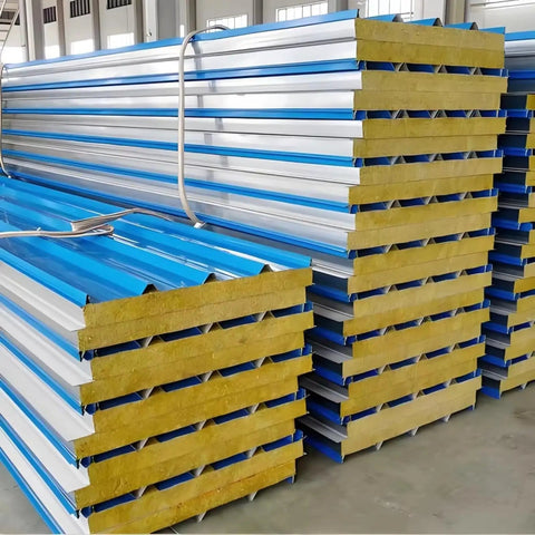 Pro Grade EPS Sandwich Panel Roll Forming Machine With Precision Tension Control For Rock Wool Partition Boards and Portable Room Walls stacked panels.
