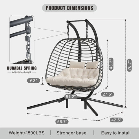 Ultra Cozy Double Hanging Egg Chair With Stand For Patio And Garden Deluxe Hammock Swing Chair details with dimensions and features