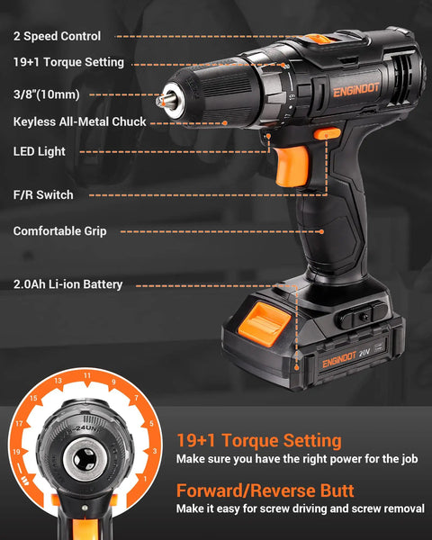 Must Have Cordless Drill Set With 108 Piece Home Tool Kit, 20V Li-Ion Battery And Charger, LED Work Light shown in profile