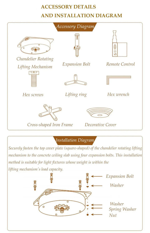 Installation diagram of retractable pendant hoist system for chandeliers with accessories labeled including remote control.