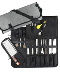 Large Capacity Chef Knife Roll Bag With Compartments For Camping Picnics And Hiking Heavy Duty Knife Roll Case shown with utensils and knives