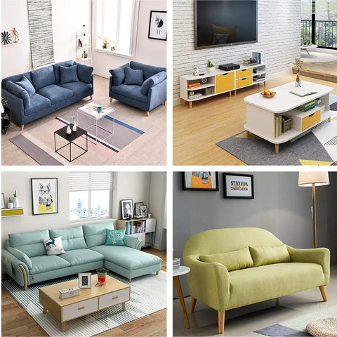 Living room setups with furniture featuring Solid Rubber Wood Replacement Sofa Legs Set Of Four 6 Inch Slant Leg Design.