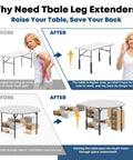 Before and after image showcasing Premium Heavy Duty Folding Table Leg Extenders for height adjustment and storage space.