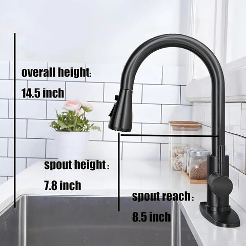 Stainless Steel Kitchen Faucet With Pull Down Sprayer, Farmhouse Brushed Nickel Finish installed, measuring dimensions labeled.