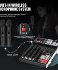 Four Channel Audio Mixer With Dual Microphones, Pro 99DSP Sound Console For DJs, 7 Band EQ, USB, Bluetooth, built-in wireless mics