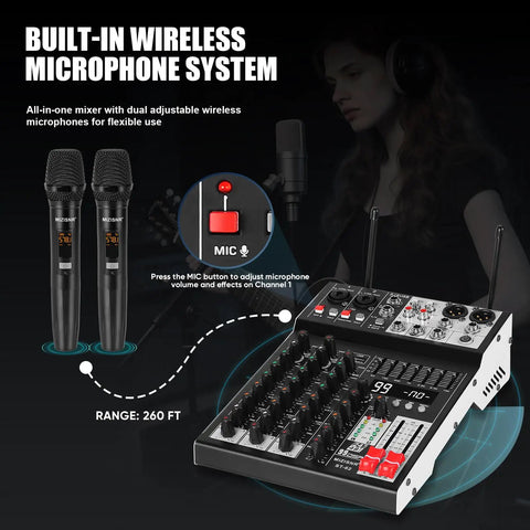 Four Channel Audio Mixer With Dual Microphones, Pro 99DSP Sound Console For DJs, 7 Band EQ, USB, Bluetooth, built-in wireless mics