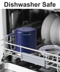 Insulated 14oz Travel Tumbler With Lid And Handle No Sweat Double Wall Stainless Steel Cup in navy blue in dishwasher rack