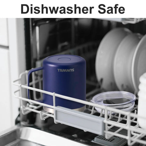 Insulated 14oz Travel Tumbler With Lid And Handle No Sweat Double Wall Stainless Steel Cup in navy blue in dishwasher rack