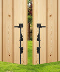 Beefy Heavy Duty Gate Cane Bolt Drop Rod 18 Inch Steel With Black Finish Two Pack for double wood gates in garden setting.