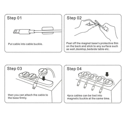 Diagram showing installation steps for Magnetic Cable Holder Clips Dope Desk Organizer For All Wires, 2 Pack In Black And White.
