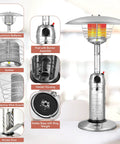 Outdoor Propane Patio Heater 11,000 BTU Portable Tabletop With Weighted Base Stainless Steel shown with detachable parts