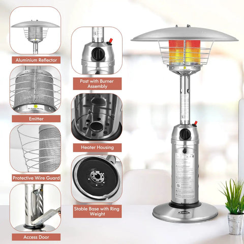 Outdoor Propane Patio Heater 11,000 BTU Portable Tabletop With Weighted Base Stainless Steel shown with detachable parts