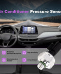 Interior view of car dashboard with Direct Fit Replacement AC Pressure Switch For Nissan Infiniti Mazda Cars That Fits Altima 350Z 370Z Versa Maxima Titan FX Q50 Q60 QX50 QX60 HVAC Sensor Transducer Plug And Play displayed.