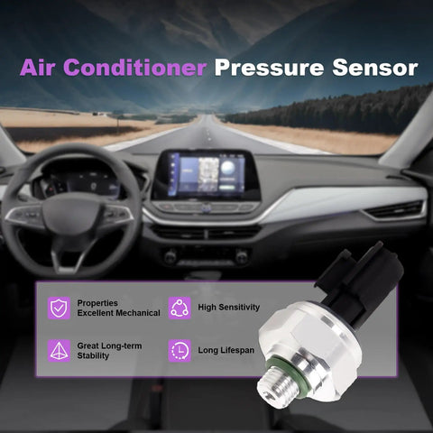 Interior view of car dashboard with Direct Fit Replacement AC Pressure Switch For Nissan Infiniti Mazda Cars That Fits Altima 350Z 370Z Versa Maxima Titan FX Q50 Q60 QX50 QX60 HVAC Sensor Transducer Plug And Play displayed.