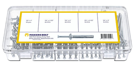 Concrete Anchors Assortment Kit With 100 Pieces Hammer Drive Nails One Quarter Inch Diameter One To Three Inch Length Zinc Coated Masonry Anchors For Concrete Brick And Stone Indoor And Outdoor Use in a clear box.