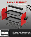 Exploded view of Red Heavy Duty Power Tool Organizer Wall Mount With Charging Station, showing assembly parts and dimensions.