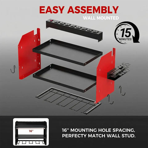 Exploded view of Red Heavy Duty Power Tool Organizer Wall Mount With Charging Station, showing assembly parts and dimensions.